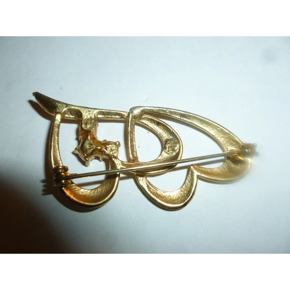 Gold Tone Double Interlocking Heart Brooch Pin Blue‎ Red Green Rhinestone